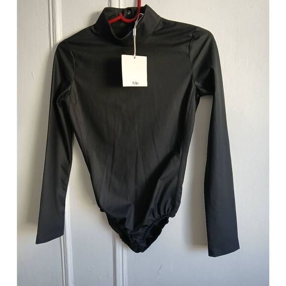 Tibi new york womens small vegan leather black hi neck bodysuit - Picture 1 of 8